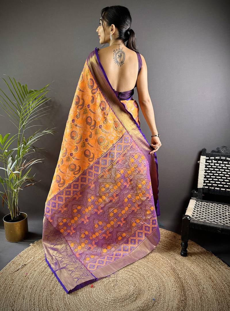 orange tissue silk blend kanjeevaram zari woven saree with unstitched blouse piece.