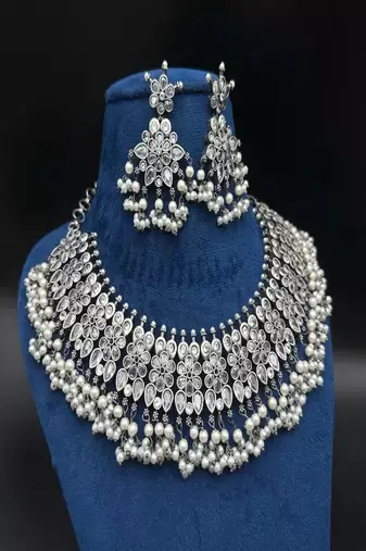 Oxidized silver choker necklace set: pearl & kundan stone indian jewelry