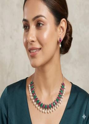 Oxidized silver choker set, red & green stone pearl drop indian jewelry 1