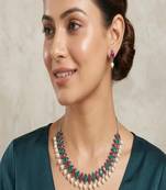 Oxidized silver choker set, red & green stone pearl drop indian jewelry