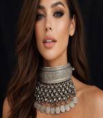 Oxidized silver chitai torque hasuli necklace – tribal indian boho choker with coin & ghungroo