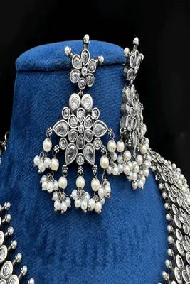 Oxidized silver choker necklace set: pearl & kundan stone indian jewelry 3