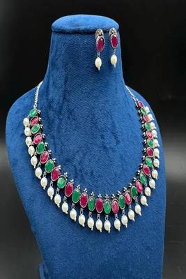 Oxidized silver choker set, red & green stone pearl drop indian jewelry 2