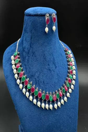 Oxidized silver choker set, red & green stone pearl drop indian jewelry