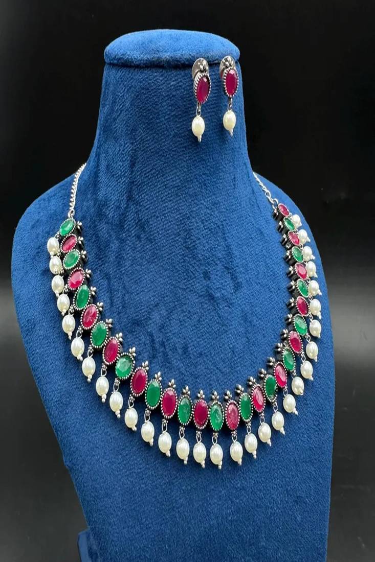 Oxidized silver choker set, red & green stone pearl drop indian jewelry