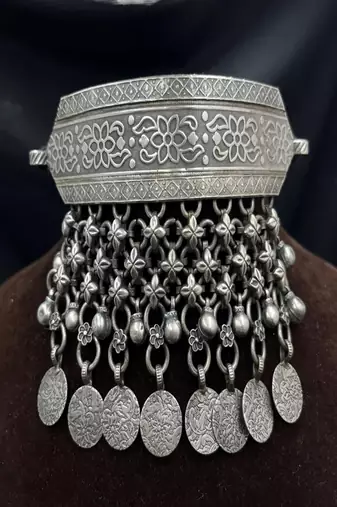 Oxidized silver chitai torque hasuli necklace – tribal indian boho choker with coin & ghungroo