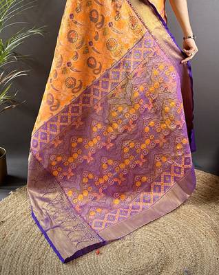 orange tissue silk blend kanjeevaram zari woven saree with unstitched blouse piece. 5