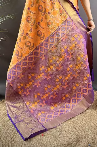 orange tissue silk blend kanjeevaram zari woven saree with unstitched blouse piece.