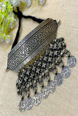 Oxidized silver chitai torque hasuli necklace – tribal indian boho choker with coin & ghungroo 3