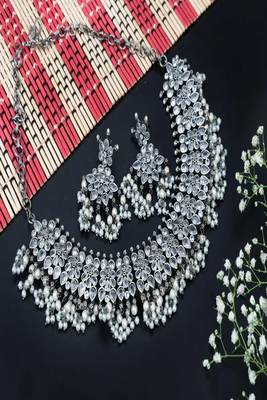 Oxidized silver choker necklace set: pearl & kundan stone indian jewelry 4