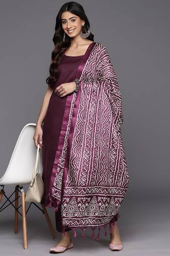 Violet Solid Sleeveless Kurta With Trousers & Bandhani Printed Dupatta