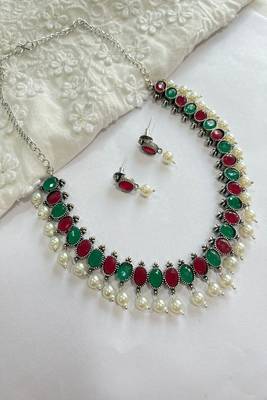 Oxidized silver choker set, red & green stone pearl drop indian jewelry 3