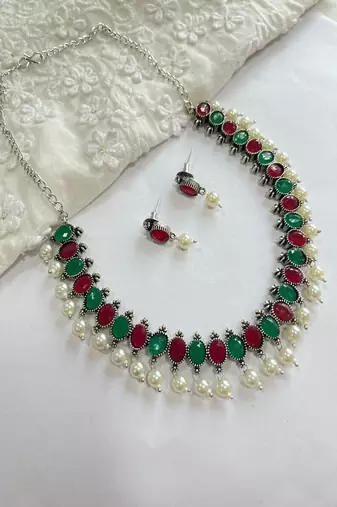 Oxidized silver choker set, red & green stone pearl drop indian jewelry