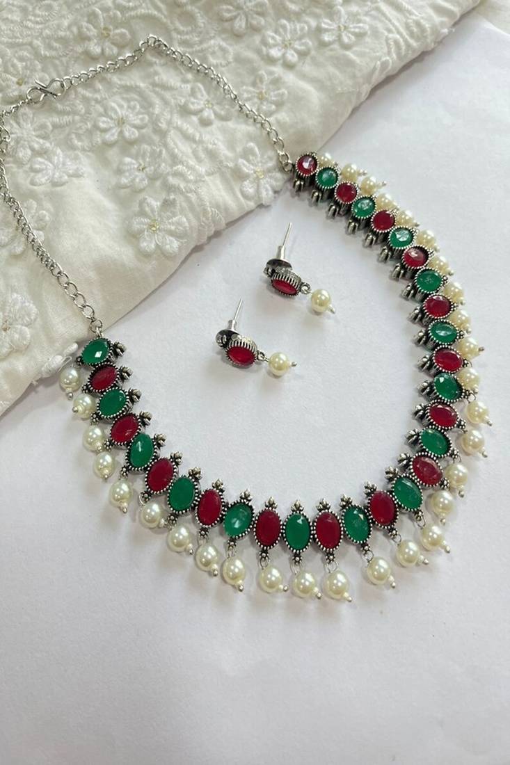 Oxidized silver choker set, red & green stone pearl drop indian jewelry