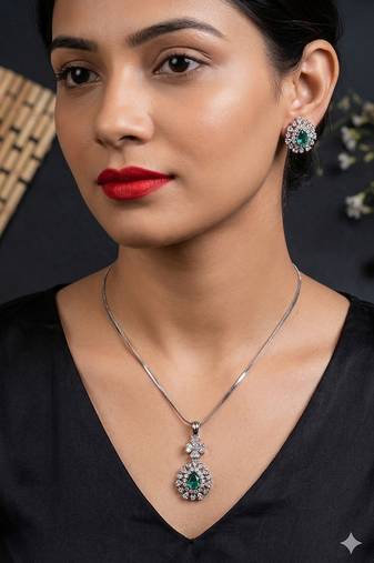 Cubic zirconia pendant set: white gold plated indian jewelry