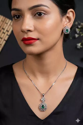 Cubic zirconia pendant set: white gold plated indian jewelry