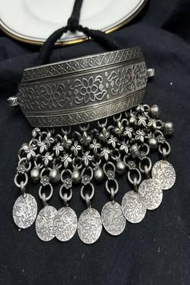 Oxidized silver chitai torque hasuli necklace – tribal indian boho choker with coin & ghungroo 4