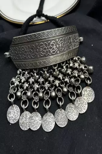 Oxidized silver chitai torque hasuli necklace – tribal indian boho choker with coin & ghungroo