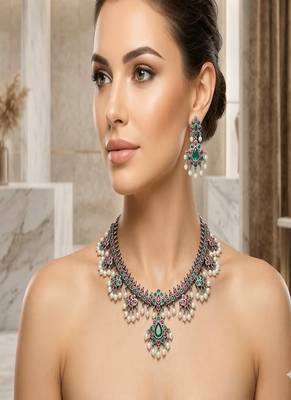 Oxidized silver indian necklace set: temple jewelry with pearl 1