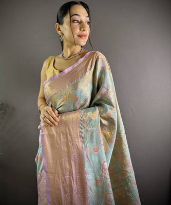 sky blue tissue silk blend kanjeevaram zari woven saree with unstitched blouse piece. 1