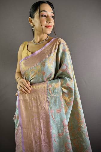 sky blue tissue silk blend kanjeevaram zari woven saree with unstitched blouse piece.