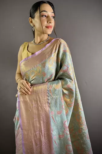 sky blue tissue silk blend kanjeevaram zari woven saree with unstitched blouse piece.
