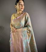 sky blue tissue silk blend kanjeevaram zari woven saree with unstitched blouse piece.