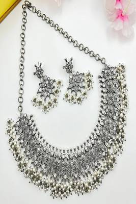 Oxidized silver choker necklace set: pearl & kundan stone indian jewelry 5
