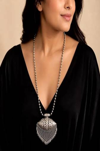 Oxidized silver statement necklace, long tribal amulet tabeez necklace