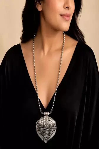 Oxidized silver statement necklace, long tribal amulet tabeez necklace