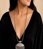 Oxidized silver statement necklace, long tribal amulet tabeez necklace