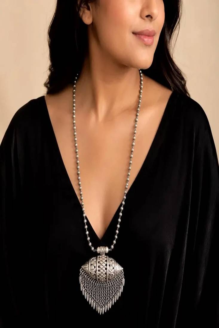 Oxidized silver statement necklace, long tribal amulet tabeez necklace