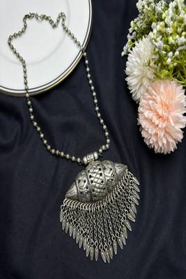 Oxidized silver statement necklace, long tribal amulet tabeez necklace 2