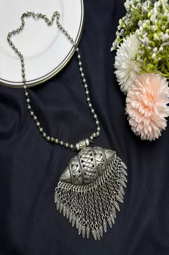 Oxidized silver statement necklace, long tribal amulet tabeez necklace