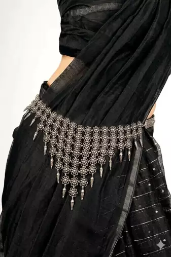 Oxidized silver boho waist chain, tribal festival body jewelry, draped saree pin belt