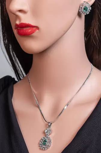 Cubic zirconia pendant set: white gold plated indian jewelry