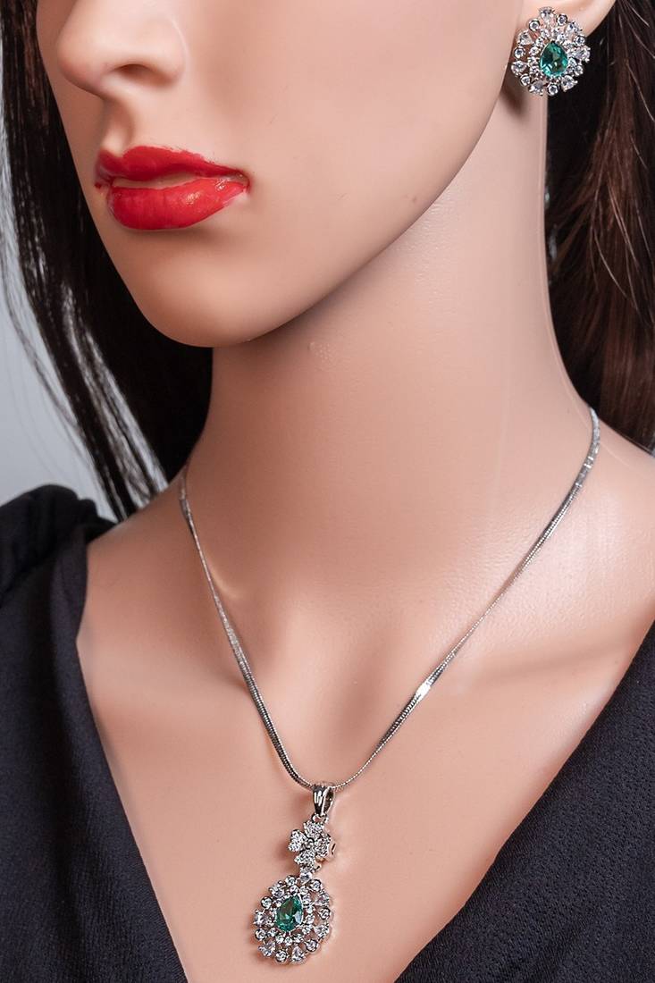 Cubic zirconia pendant set: white gold plated indian jewelry