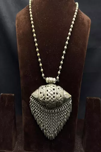 Oxidized silver statement necklace, long tribal amulet tabeez necklace