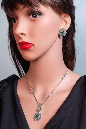 Cubic zirconia pendant set: white gold plated indian jewelry