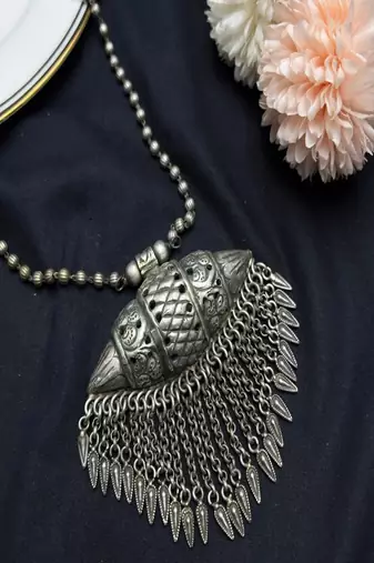 Oxidized silver statement necklace, long tribal amulet tabeez necklace