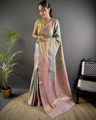 sky blue tissue silk blend kanjeevaram zari woven saree with unstitched blouse piece. 2