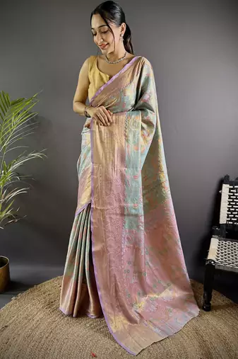 sky blue tissue silk blend kanjeevaram zari woven saree with unstitched blouse piece.