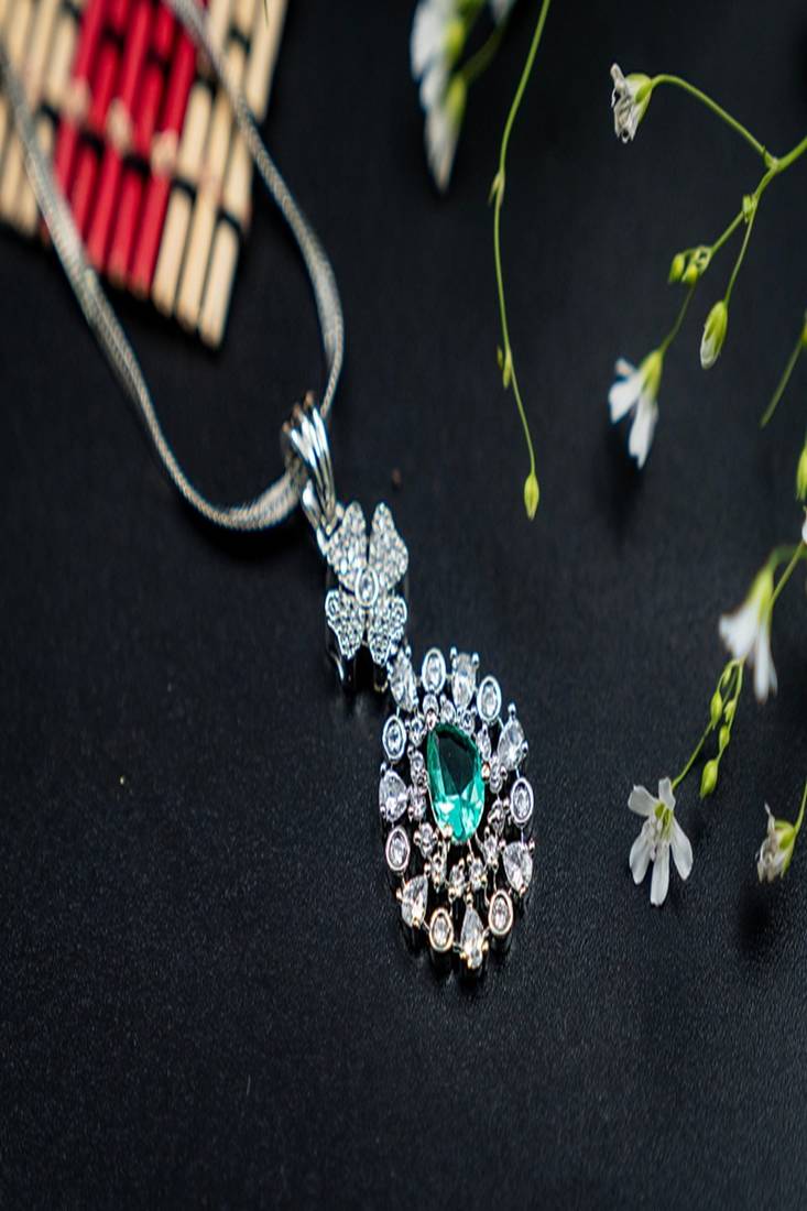 Cubic zirconia pendant set: white gold plated indian jewelry