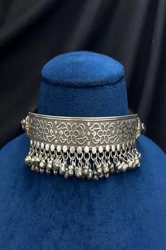 Oxidised silver torque choker necklace with ghungroo | vintage tribal boho statement jewellery