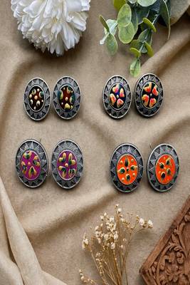 Hand painted oxidized silver stud earrings, colorful boho enamel circle studs 1