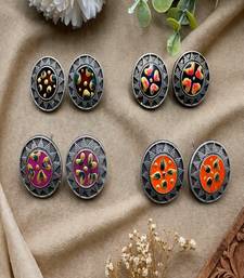 Hand painted oxidized silver stud earrings, colorful boho enamel circle studs