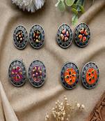 Hand painted oxidized silver stud earrings, colorful boho enamel circle studs