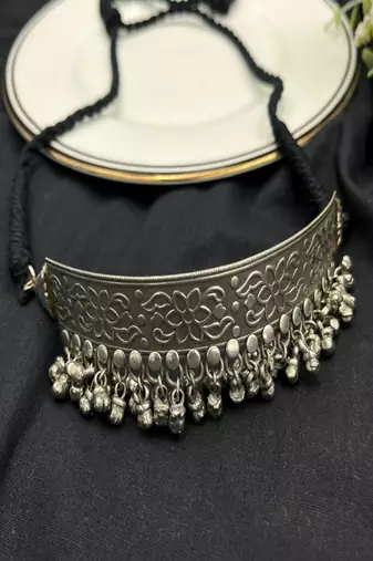 Oxidised silver torque choker necklace with ghungroo | vintage tribal boho statement jewellery