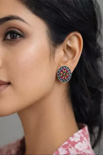 Hand painted oxidized silver stud earrings, colorful boho enamel circle studs