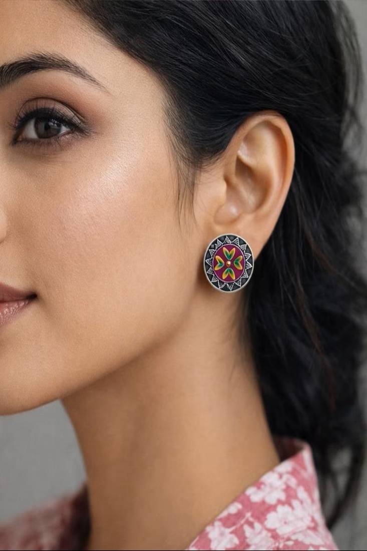 Hand painted oxidized silver stud earrings, colorful boho enamel circle studs